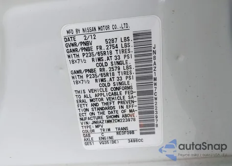 2012 Nissan Murano Sl из США, поврежденный, VIN JN8AZ1MW7CW223978